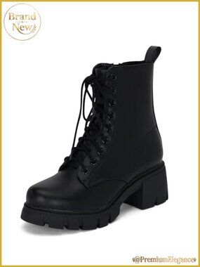 Women's Lace Up Ankle Combat Boots Chunky Lug Sole Side Zipper PU Booties